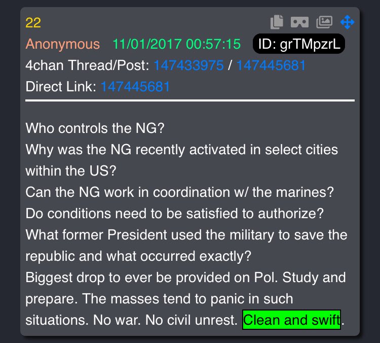 1/ I had an epiphany, which dawned on me when I revisited this drop“No war. No civil unrest. Clean and swift.”This is pretty clear“But 1_7’s first post said-“1_7’s first post said “Expect massive riots to be ORGANIZED”That means expect them to be *planned* - or even...