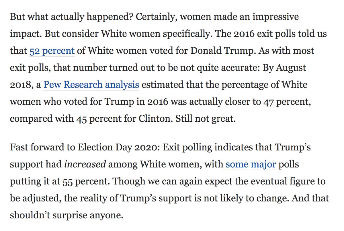 So, let's now look at the article. These two paragraphs should have stuck out to Lenz's editor, regardless of what they know about polls/data. Lenz first states that 2016 exits were off by quite a bit. . . .& then goes on to compare the better numbers to. . . .2020 exits.