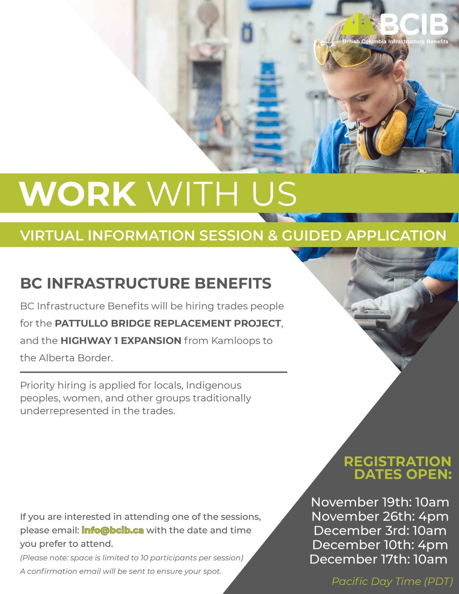 WorkBC Maple Ridge (@workbc_mridge) on Twitter photo BC Infrastructure Benefits (BCIB) will be hiring trades people for the Pattullo Bridge Replacement Project and the Highway 1 Expansion from Kamloops to the Alberta Border. To register, email: info@bcib.ca
<a href="/bcibinc/">BC Infrastructure Benefits Inc.</a> <a href="/bccwitt/">BCCWITT</a> <a href="/ita_bc/">na_na_mii1n</a> <a href="/WorkBC/">WorkBC.ca</a> @ita_youth <a href="/tg_programs/">Douglas College - Training Group</a> <a href="/LangleyCSS/">LCSS</a> BC Infrastructure Benefits (BCIB) will be hiring trades people for the Pattullo Bridge Replacement Project and the Highway 1 Expansion from Kamloops to the Alberta Border. To register, email: info@bcib.ca
<a href="/bcibinc/">BC Infrastructure Benefits Inc.</a> <a href="/bccwitt/">BCCWITT</a> <a href="/ita_bc/">na_na_mii1n</a> <a href="/WorkBC/">WorkBC.ca</a> @ita_youth <a href="/tg_programs/">Douglas College - Training Group</a> <a href="/LangleyCSS/">LCSS</a>