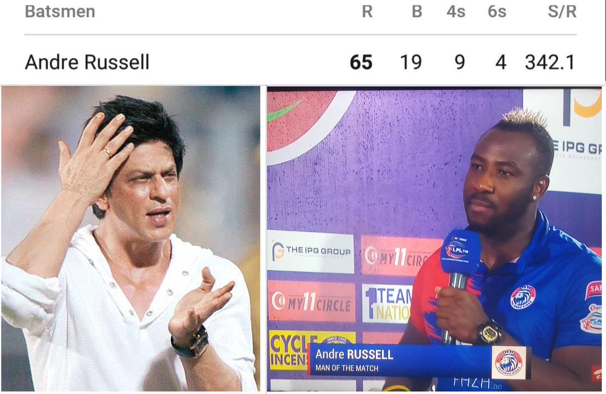 MDAcharya7's tweet photo. #SRK after watching performance of #Russel in #LPL20 
#KKR https://t.co/xS5lRZ8PDl