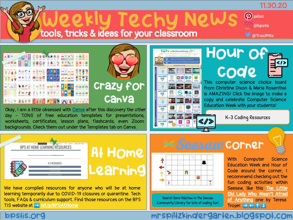 TraciPiltz's tweet photo. Weekly Tech-y News📰 w @canva education ✏️🖍️🖍️🍏templates, a #remotelearning 🖥️site, amazing #HourofCode 🧑‍💻👩‍💻resources from @christinekdixon &amp; @teachseuss, plus coding ➡️⬆️⬅️⬇️ @Seesaw activities. #BPSlearns #MTEdchat https://t.co/Ol6X9bnoF9 https://t.co/bHQnSYNO3W