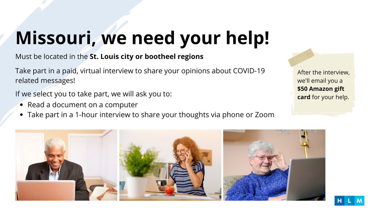 HealthLitMedia's tweet photo. We are looking for people in St. Louis City or the Missouri Bootheel region who are interested in sharing their opinions on messages about COVID-19. We’ll reimburse you with a $50 gift card. Click to learn more or sign up: https://t.co/n2DORAcS8J https://t.co/03F7Mb18EU