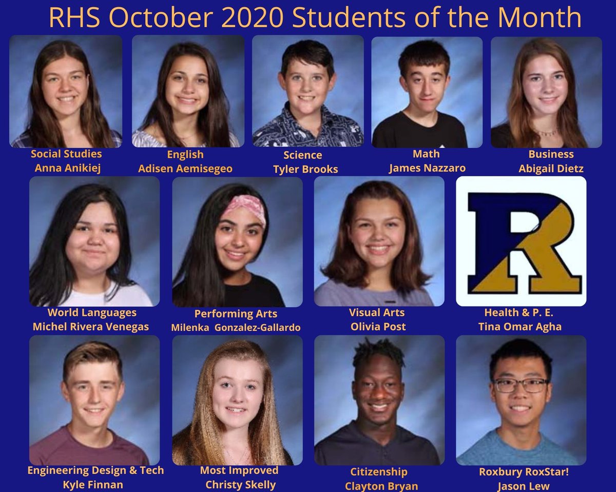 October Students of the Month!

Math - James Nazzaro
Science - Tyler Brooks
Social Studies - Anna Anikiej
English - Adisen Aemisegeo
World Languages -  Michel Rivera Venegas
Health and Physical Education - Tina Omar Agha
Performing Arts - Milenka Gonzalez-Gallardo