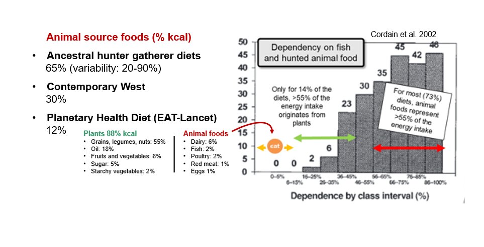 Humans are omnivores. Eating along an animal/plant gradient, with animal foods at 20-90% of the energy intake of hunter gatherer communities. The  #PlanetaryHealthDiet (dietary part of  #TheGreatReset), brings it down to levels unknown in ancestral models. With red meat at 1% 