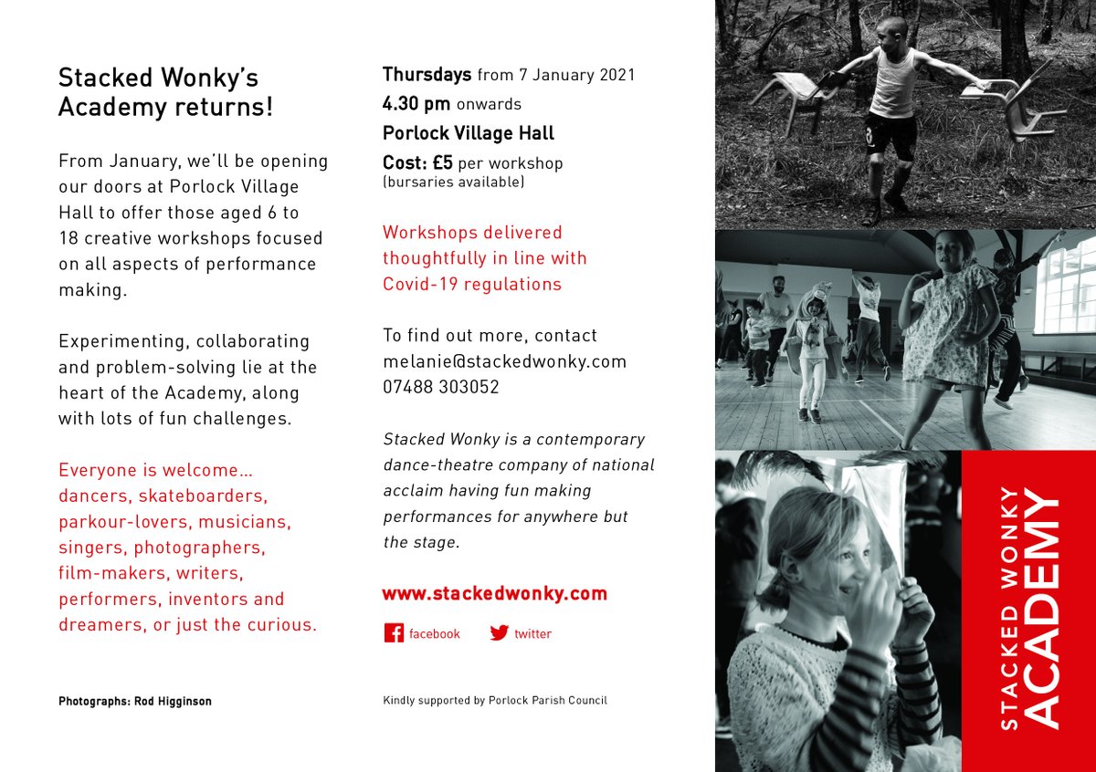 Announcing Stacked Wonky Academy
Creative workshops for kids
Thursdays from 7 January 2021
4.30pm onwards
Porlock Village Hall
stackedwonky.com