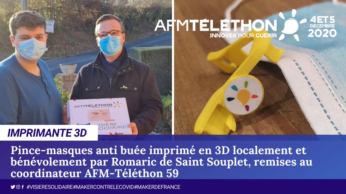 VisiereS's tweet photo. Pince-masques anti buée imprimé en 3D localement et bénévolement par Romaric de Saint Souplet, remises au coordinateur AFM-Téléthon 59
#Telethon2020
#Tropfort
#visieres
#visieresolidaire #maker #solidaire #masque #masquetissu #masquejetable #pincenez #filament #impression3D https://t.co/RrQI6fMSz9