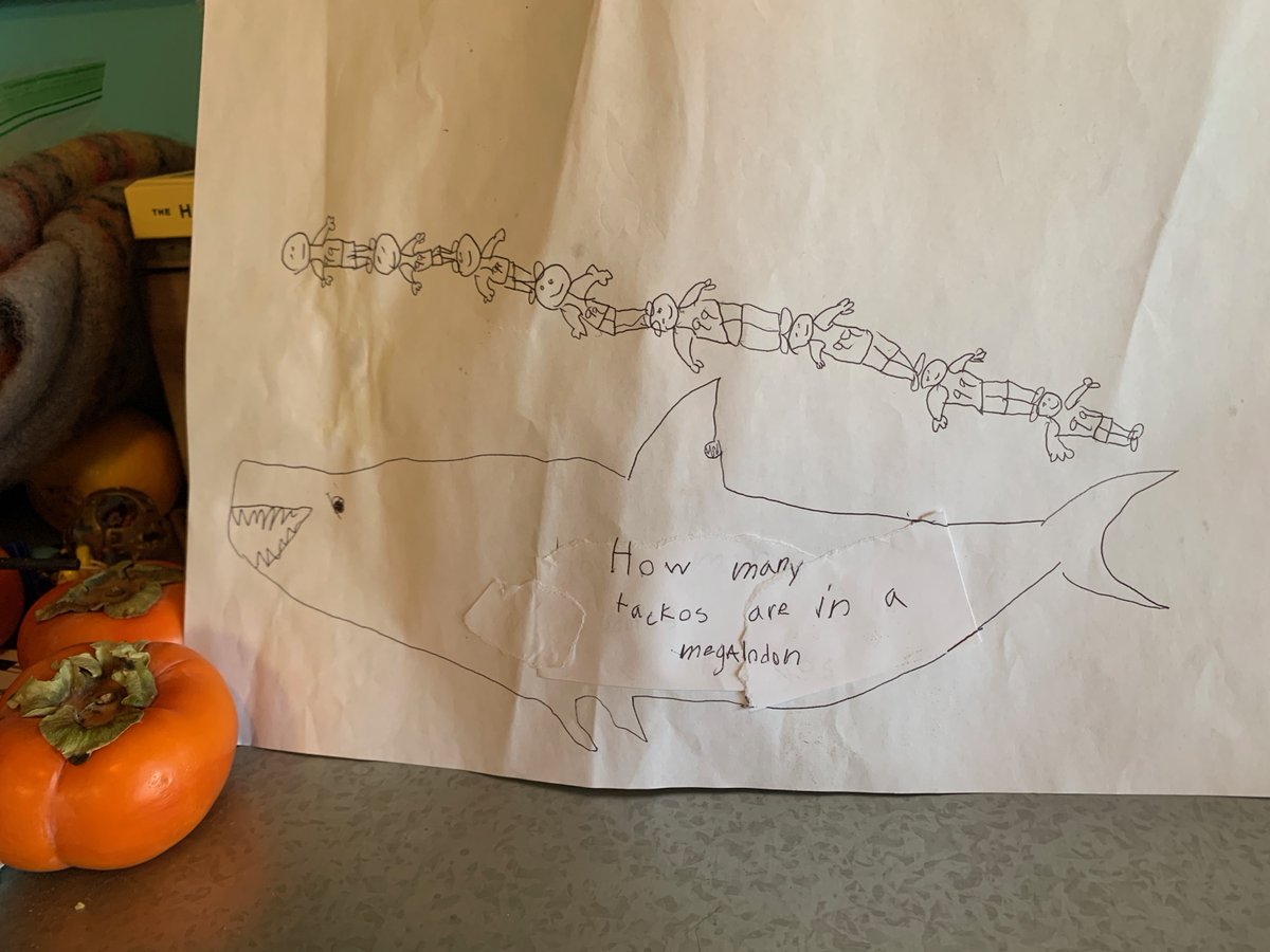 My Celtics-loving son is so obsessed with his favorite player, @tackofall99, that he frequently applies his height as a unit of measurement.  When reading about how long the megalodon was, he asked, "How many Tackos is that?"  He did the math...and drew a picture. <a href="/celtics/">Boston Celtics</a>