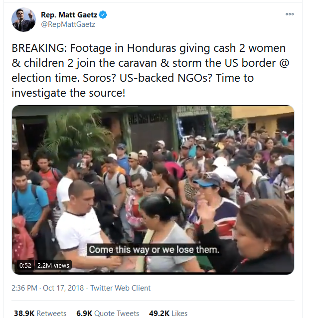 Screenshot of October 2018  @mattgaetz tweet (still online as of 11/28/20)