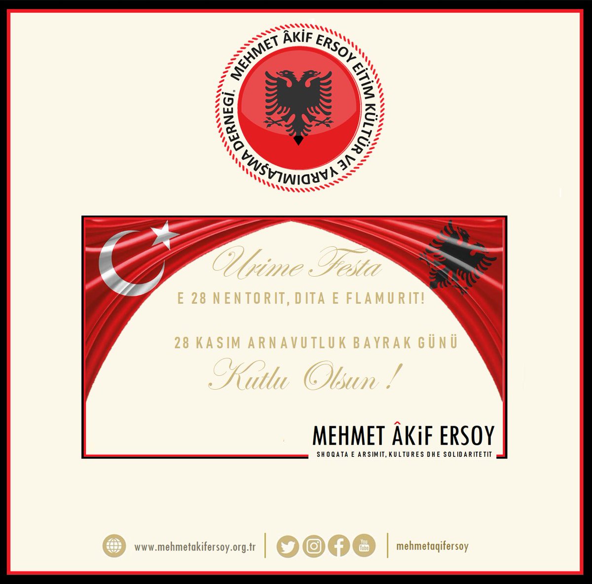 mehmetaqifersoy's tweet photo. Urime festa e 28 Nëntorit, Dita e Flamurit!
28 Kasım Arnavutluk Bayrak Günü Kutlu Olsun!
#28nentori #Albania #albanian #106vjet #Kosovo #shqiperia #shqiptar #dardania #çameria
#presheva #malizi #istanbul
#Türkiye #Turki #stanbol
#shkup #kumanov #tetov https://t.co/Aks8lbAsXf