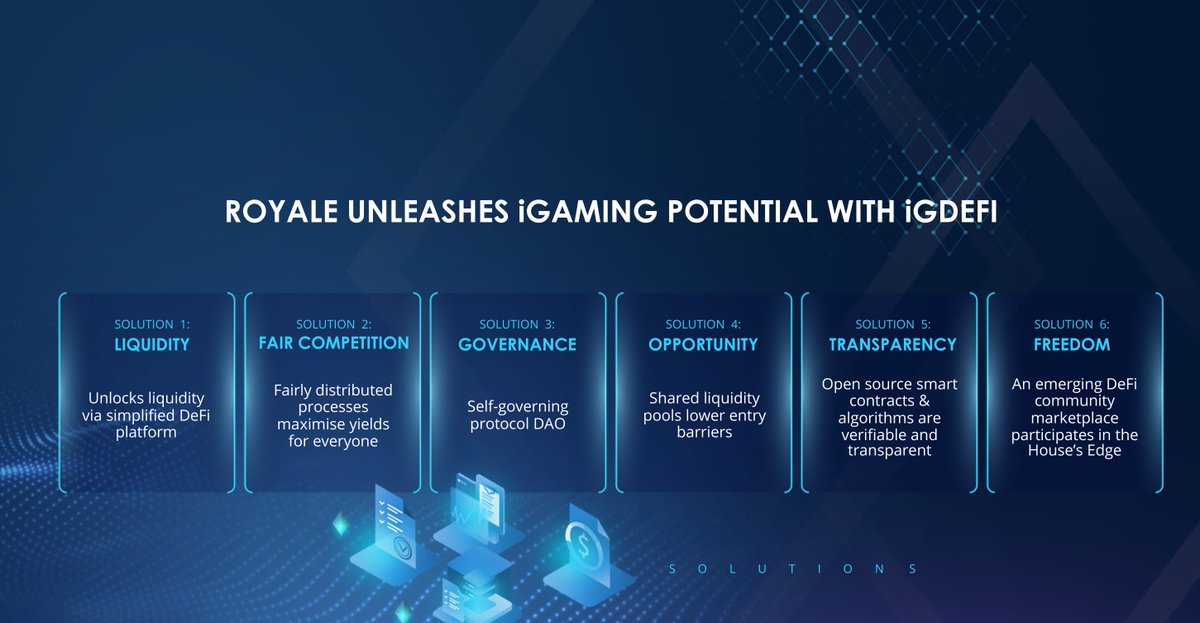 Royale tüm bu sorunların üstesinden gelmek ve 100 milyar doları aşan bu endüstride tamamen yeni bir  #Defi +  #iGaming büyümesini hızlandırmak için Defi’nin likidite havuzu modellerini ve yönetim yapılarını kullanacak.