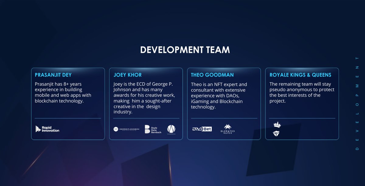 Ekip yöneticiler, geliştiriciler ve fon konseyindeki üyelerle 15 kişiden oluşuyor. Ekip üyelerinin bir çoğu iGaming ve Blockchain alanında deneyimli isimler ve bazıları Microgaming, DAO Bet, Doyle Dane Bernbach, MantraDao, Wanchain, Geeq, Orion gibi şirketlerde yer almışlar.