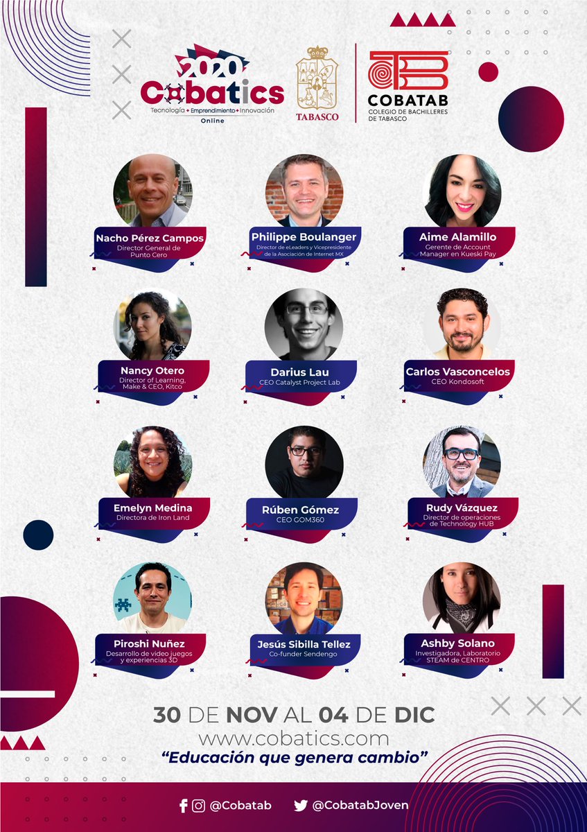 CobatabJoven's tweet photo. #COBATICS 2020 Online 💻🕹👾💡¡Falta poco! Conoce nuestros speakers que nos acompañarán del 30 de noviembre al 4 de diciembre, con grandes conferencias, donde te llevarán al mundo de la tecnología, emprendimiento e innovación. 👏🏻
¡REGÍSTRATE YA!👉🏻 https://t.co/wR4RaIe3j1 https://t.co/RMS1j8VkNU