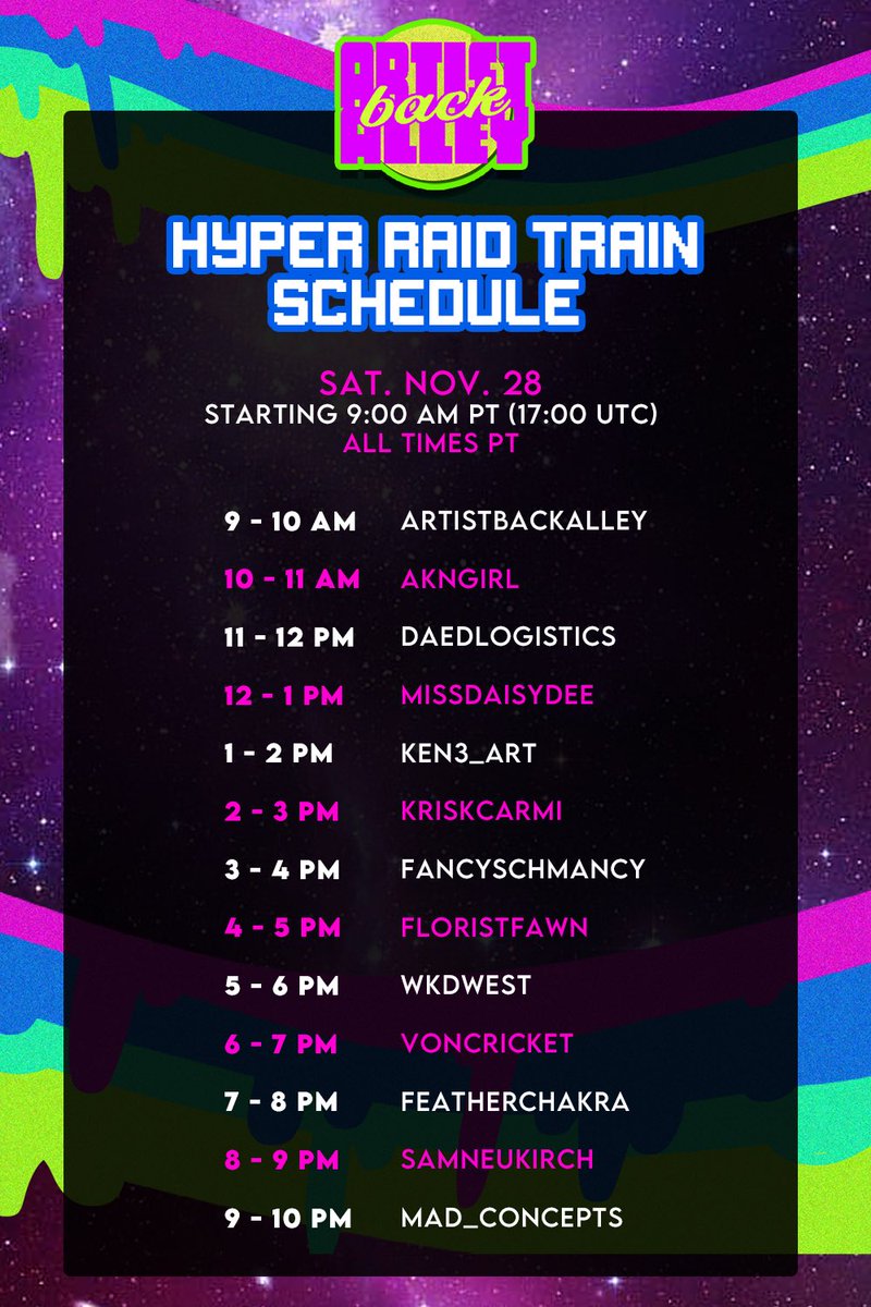 artistbackalley's tweet photo. 🚂CHOO CHOO! The HYPER RAID TRAIN IS ABOUT TO BEGIN!
We’re starting at
https://t.co/WXDMhAxAT9
and travelling around the twitch universe to some wonderfully talented artists in the #hypertrain project! https://t.co/fqJS2CBEFk