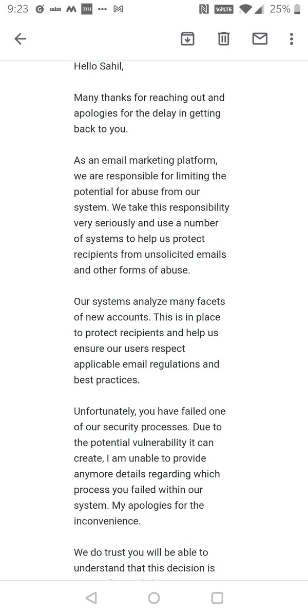 Rahul98288's tweet photo. Disappointed @sendinblue #anticustomer support team of #sendinblue,  We have been saving our contact list from last 3 month's suddenly when it came to start publishing the campaign, disapproved that and the same campaign from another email id was approved. https://t.co/UKuLk80soQ