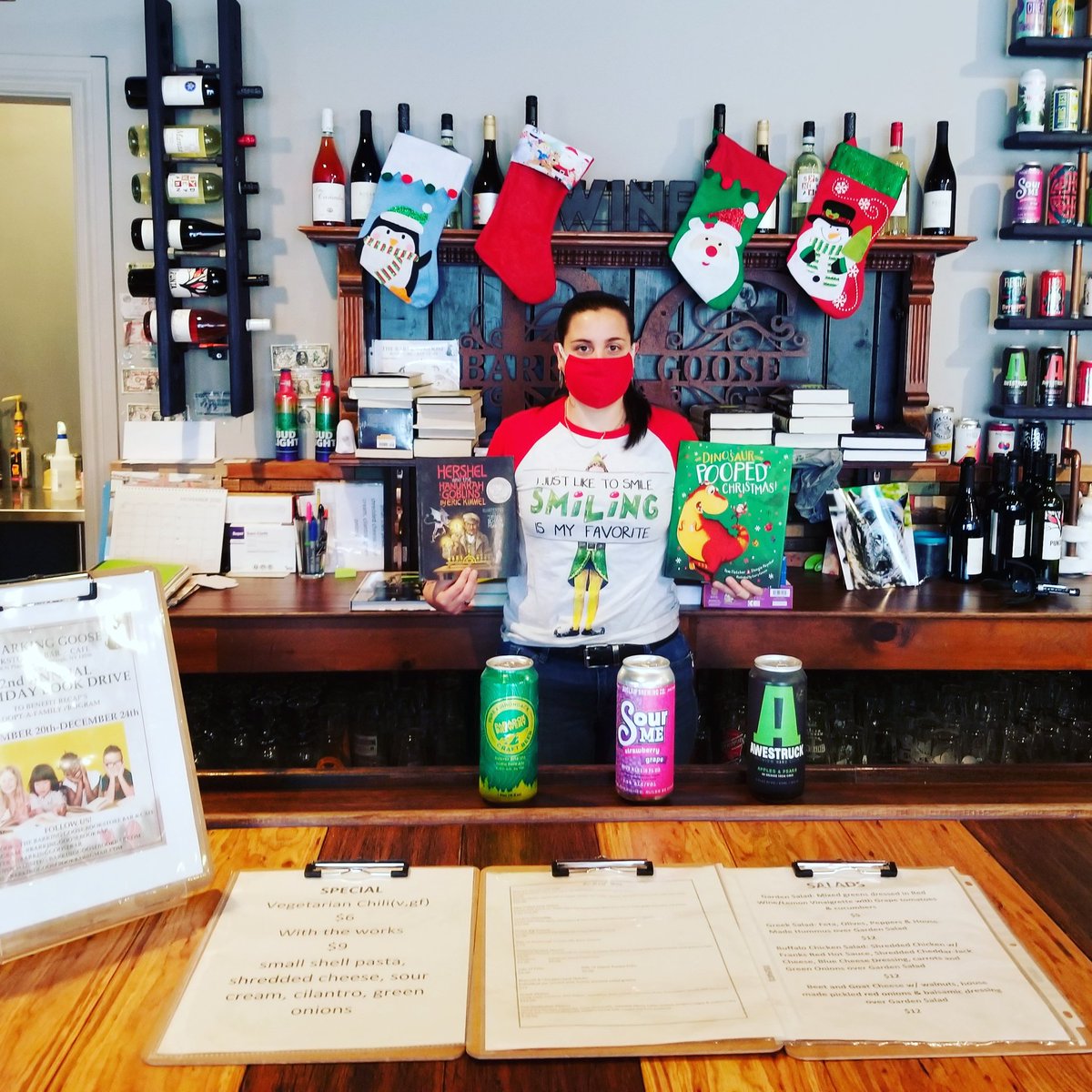 BarkingGooseBar's tweet photo. Come visit Lani the holiday elf and get 10% off all in stock books! Try a new beer/cider and have a bite to eat! You can't see it but she is smiling cuz smiling is her favorite! #shopsmallsaturday #shopsmallweekend #barkinggoose #bookbar #newburgh #indiebookstore #hudsonvalley https://t.co/GzvydOI1mf