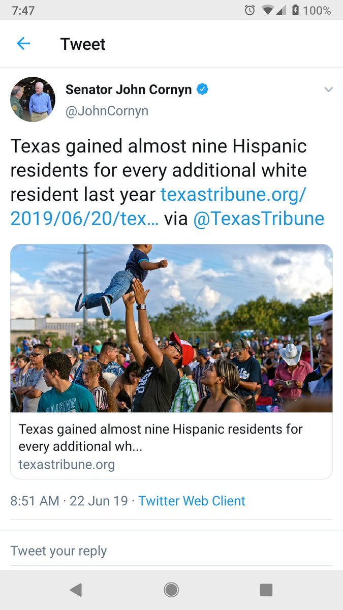 Texas Senator  @JohnCornyn panicking about changing demographics in 2019. https://twitter.com/JohnCornyn/status/1142414736572768256?s=20
