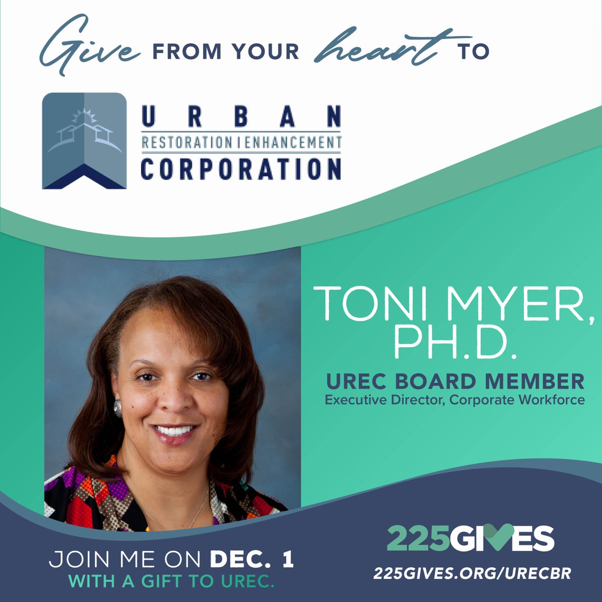 URECBR's tweet photo. Dr. Toni Myer serves on UREC’s Board of Directors and is the Executive Director of Corporate Workforce at BRCC. We’re grateful to have her support for 225GIVES Day! P.S. Early giving is now underway at https://t.co/nJe5INBX7Y.  #give2urec #225gives #batonrouge #urecbr https://t.co/1sbjmZ4Drq