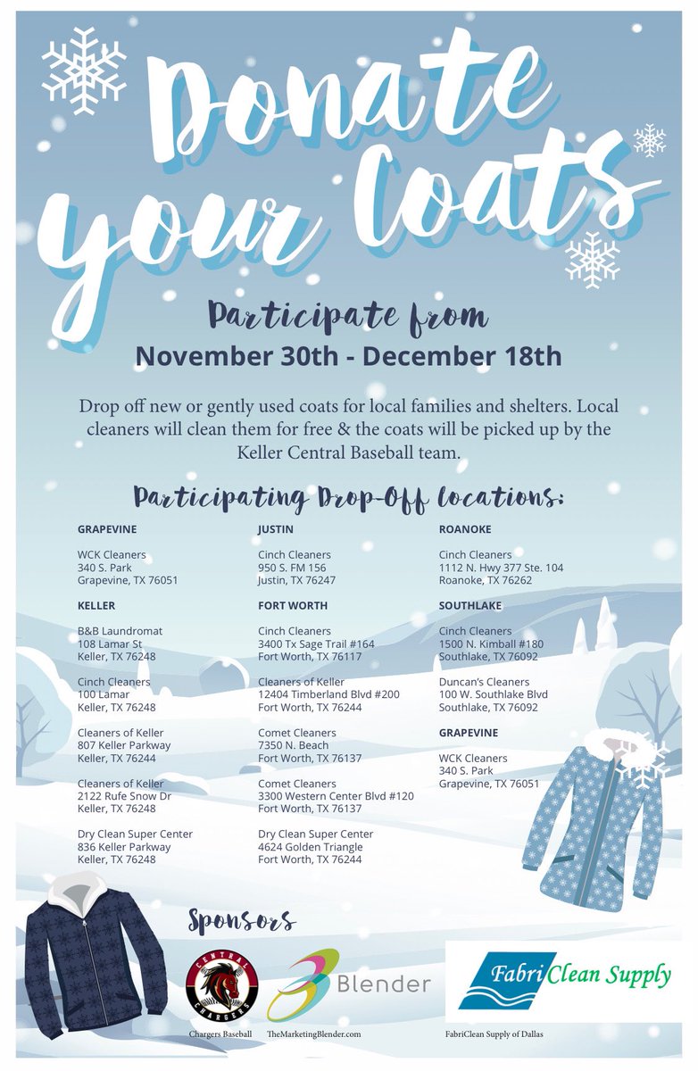 chschargerbsb's tweet photo. Start digging through the back of your closet!   Nov 30-Dec 18 are the drop off dates at the locations listed above.  Your Charger Baseball program will pick up the coats and deliver!  Thank you to @ByronGriggs for setting this all up!  #Service #TisTheSeason2Give https://t.co/gRwodnIxTZ