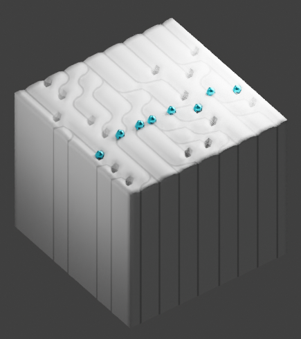 chiu_hans's tweet photo. All displaced from a default cube, the bottom face is pushed up to form the ball. The node group in the node group trick is used to calculate the branching path, similar to my Circuit Board from #nodevember2019 https://t.co/XO6IEavemh
