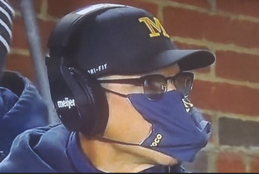 Initially I thought looking at Harbaugh with a mask on would be easier than just looking at him normal. True to typical Harbaugh though, I should never doubt any level of his stupidity... #ohiostatefootball #michiganfootball https://t.co/0YZVnMs3ET