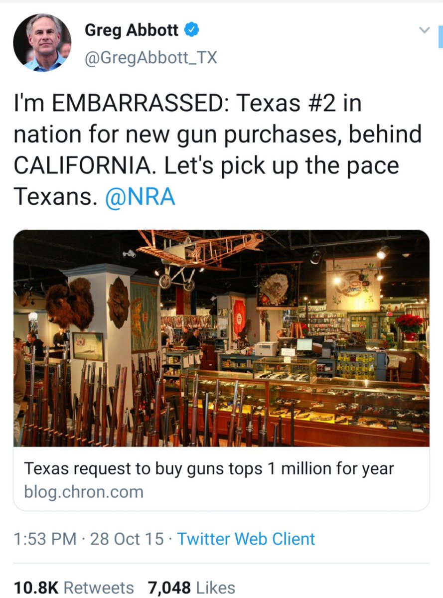 Texas Governor  @GregAbbott_TX's 2015 lament about the relative lack of gun sales in Texas compared to California.