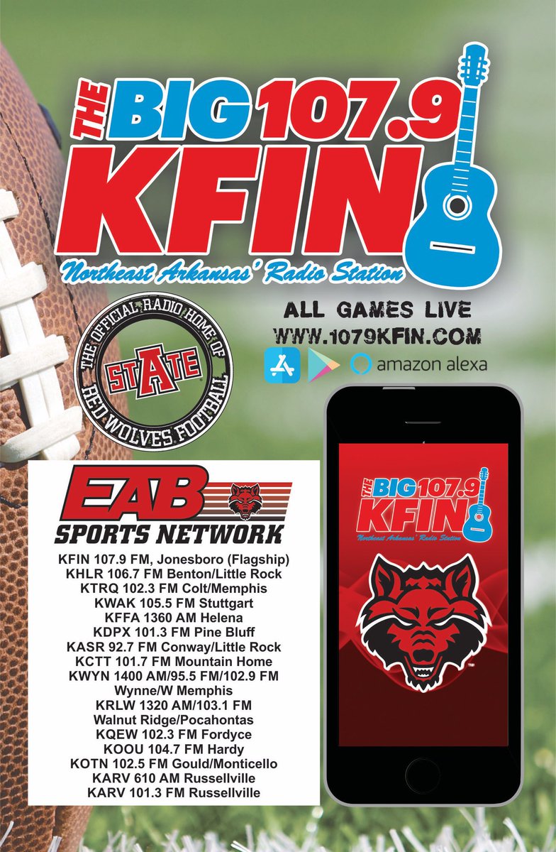 Played 6 of the first 9 on the road.  Now it’s 3 in a row at home to close out the regular season! Coverage for today’s <a href="/AStateFB/">Arkansas State Football</a> game with South Alabama starts at noon with kickoff at 2 on <a href="/1079KFIN/">The Big 107.9 KFIN</a>, the KFIN app &amp; our <a href="/Learfield/">LEARFIELD</a> affiliates. Can also ask Alexa to “Play K-F-I-N”.