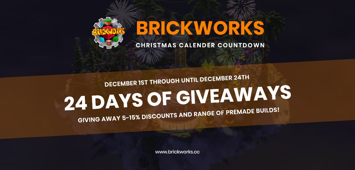 GIVEAWAY TIME!! 🎅

📅Starting December 1st through until December 24th we will be hosting DAILY Giveaways! 

🎁With absolutely amazing Prizes! 

Make sure to join our discord to ENTER! 
discord.brickworks.cc

#minecraft #Christmas #giveaways