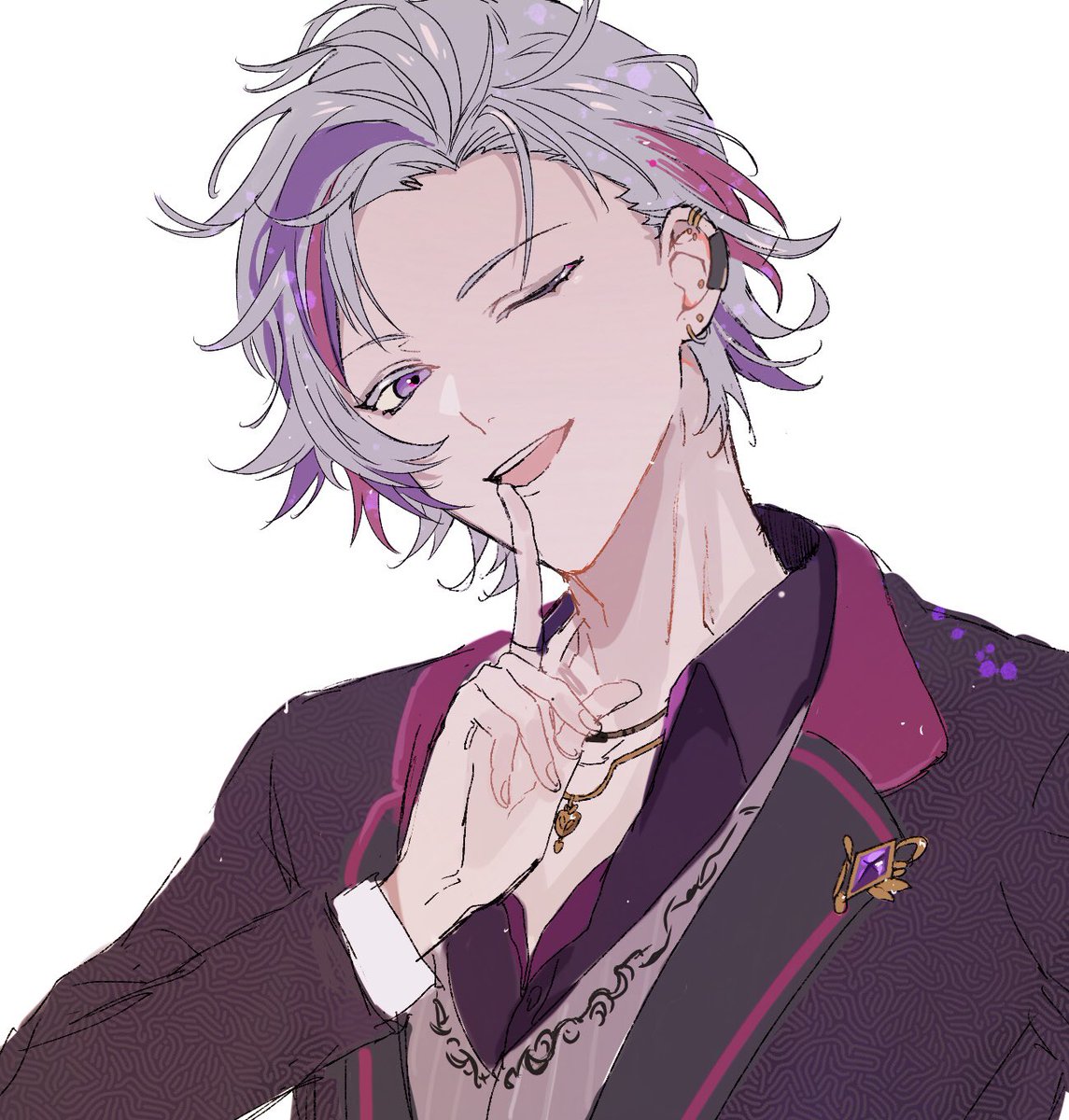1boy male focus one eye closed solo jewelry streaked hair purple hair  illustration images