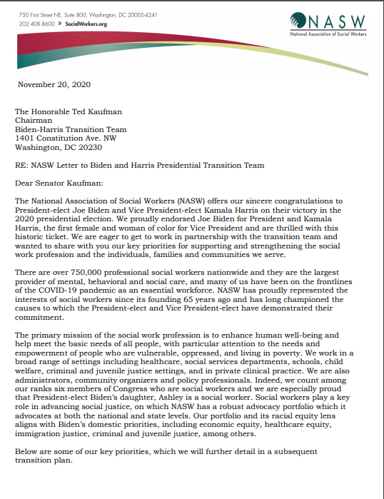NASW_IN's tweet photo. #NASW sent a letter to the Biden/Harris Transition team outlining policy priorities and offering #socialworkers as a resource. A more detailed transition plan will be forthcoming. To read the letter in its entirety, visit: https://t.co/ssb2kZalpW @joebiden @KamalaHarris https://t.co/S907imF5cf