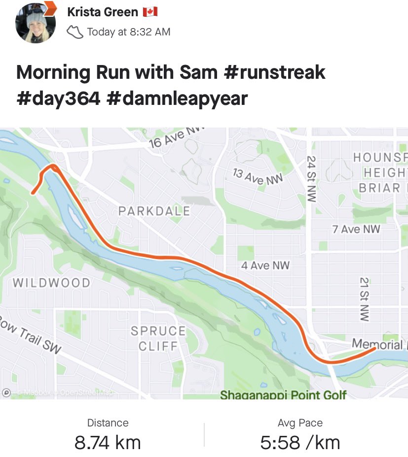 keeprunningkris's tweet photo. Cheers to Saturday! Finished a windy run with Sam this morning to bring my #runstreak to #day364 The math was not computing until 💡 it’s a leap year 🤦♀️ Going to need to hit day 366 to make it a year! #ofcourse2020 #celebrationonmonday #run #runyyc #yyc #runstreaker #runwithrivs https://t.co/B51MYsW0JJ