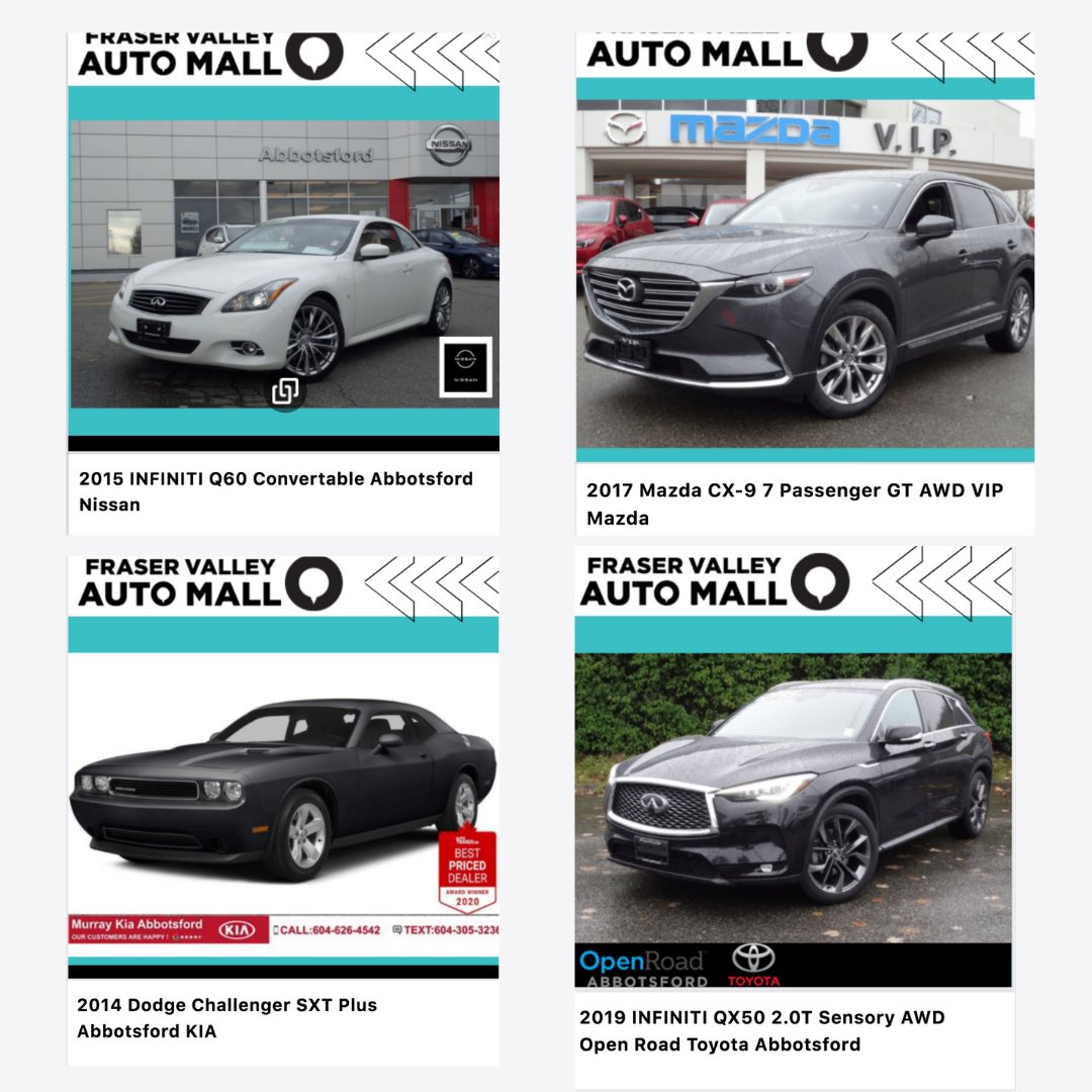 FVAutomall's tweet photo. Are you shopping for a pre-owned vehicle? Here’s our weekly features from ten dealerships in the loop!  Visit our website to see the full inventory. 
.
.
.
#abbotsford #fraservalleyautomall  #automall #preownedcars #mission #aldergrove #nissan #kia #chrysler #ford #honda #VW https://t.co/6kgTt4h6qU