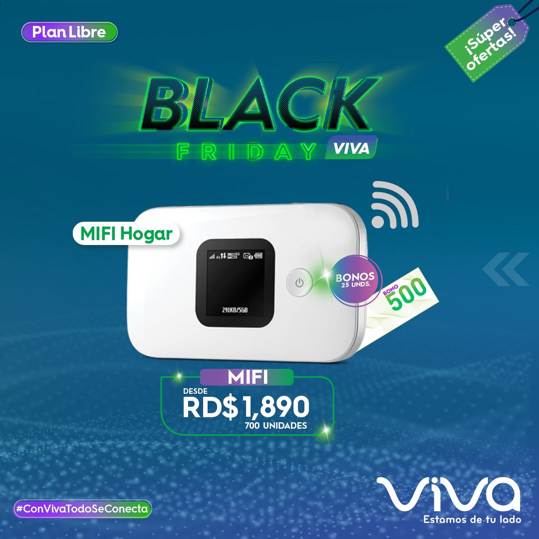 Viva_RD's tweet photo. ¡Libera tus Gigas en el Black Friday Viva! 🙌 Ven y activa uno de estos equipos a precios reducidos en tu #PlanLibre📱 desde RD$25 y llévate fabulosos regalos 🤩. #OfertasDeEquipos #EquiposViva📱 #TenemosElQueTeGusta #MifiHogar #BlackFridayViva #Viva💚 #EstamosDeTuLado https://t.co/FeGwxZFD2S