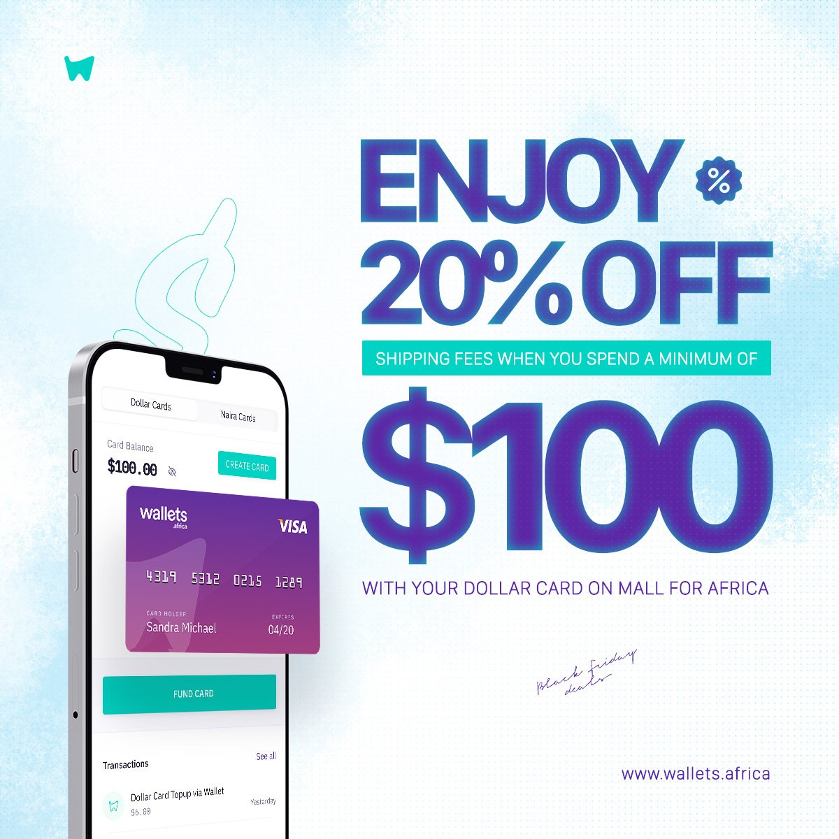 Lionezz__'s tweet photo. Shop on Mall for Africa and enjoy 20% off your shipping fees when you use Wallets Africa virtual Dollar Card.
Visit https://t.co/zYuSoQ681G to create your dollar card.
#BlackFridayWithWallets https://t.co/jW1PR9968N