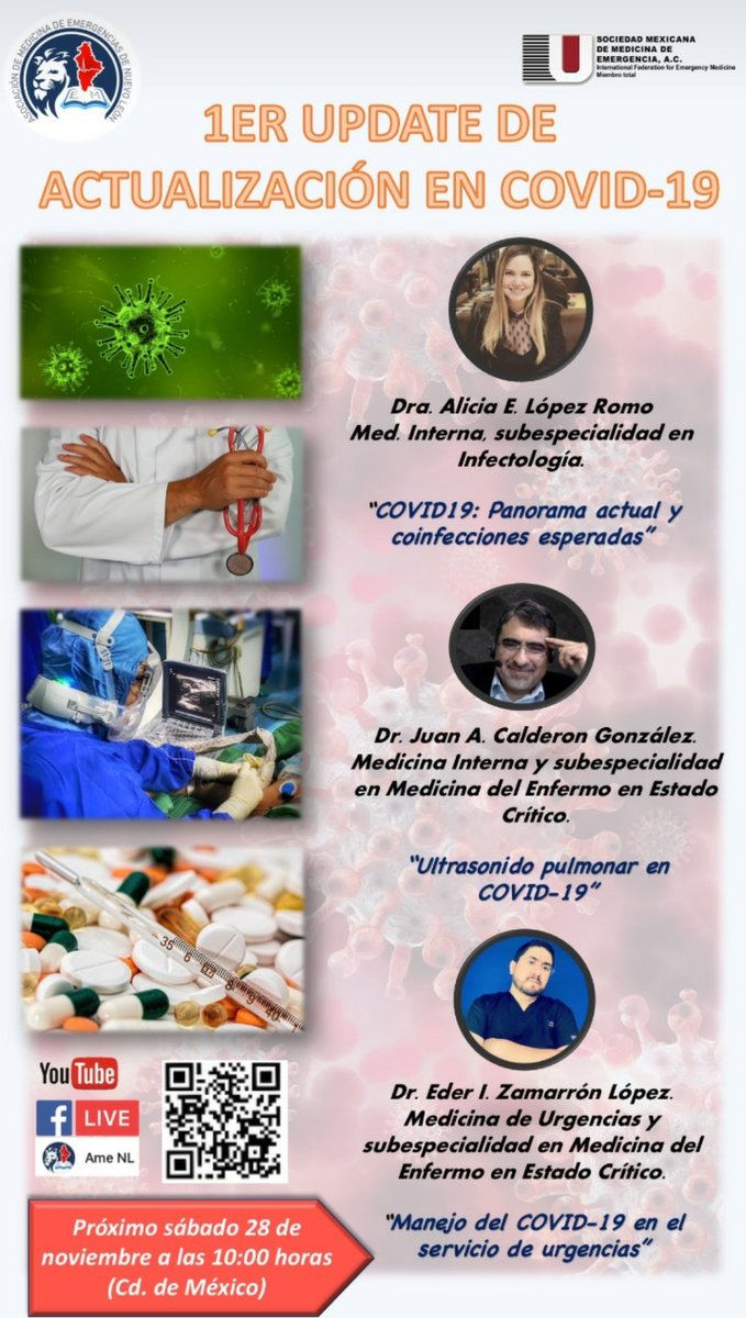 JazielMd's tweet photo. 1er Update AMENL; Paciente del con COVID en la sala de emergencias.
#AMENL #academicamentemehaconquistado
Muchas gracias a los ponentes y los que estuvieron conectados.
Los videos quedan grabados en el perfil de Facebook y canal de YouTube. https://t.co/EvBq1wcbHb