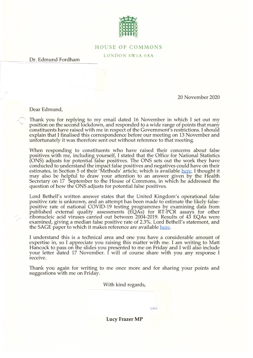  @lucyfrazermp replies !Chronology:08 Oct asked for oFPR in “Pillar 2” labs 13 Nov spoke to  @lucyfrazermp with slides16 Nov  @lucyfrazermp email (other thread)17 Nov asked for the oFPR and FDR of the Pillar 2 testing20 Nov her reply ...27 Nov my response … (thread)