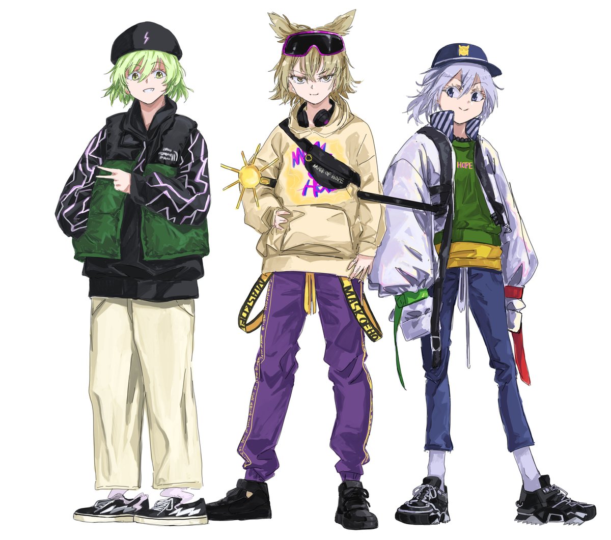 mononobe no futo ,toyosatomimi no miko 3girls multiple girls purple pants hat pants shoes green hair  illustration images
