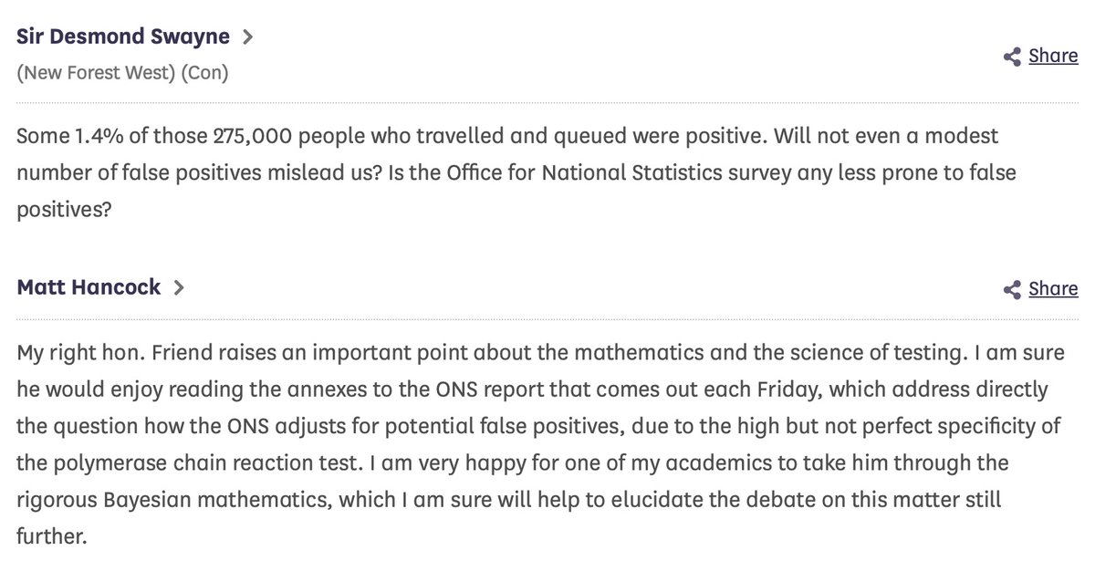  @lucyfrazermp 20/11:2. Apparently  @MattHancock tells HoC 17/09 how ONS “adjusts for False Positives”. Looked it up. @DesmondSwayne asks; @MattHancock doesn’t answer.Obfuscates with “rigorous Bayesian mathematics”“One of his academics" will “take him through it”(thread)