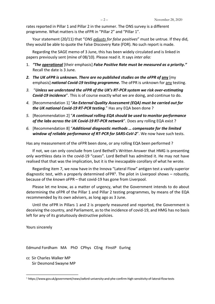 So I wrote back to  @lucyfrazermp for another go. Here’s my letter.They don’t understand how serious this is.If they can’t tell us the oFPR, our PCR testing is worthless. (thread)