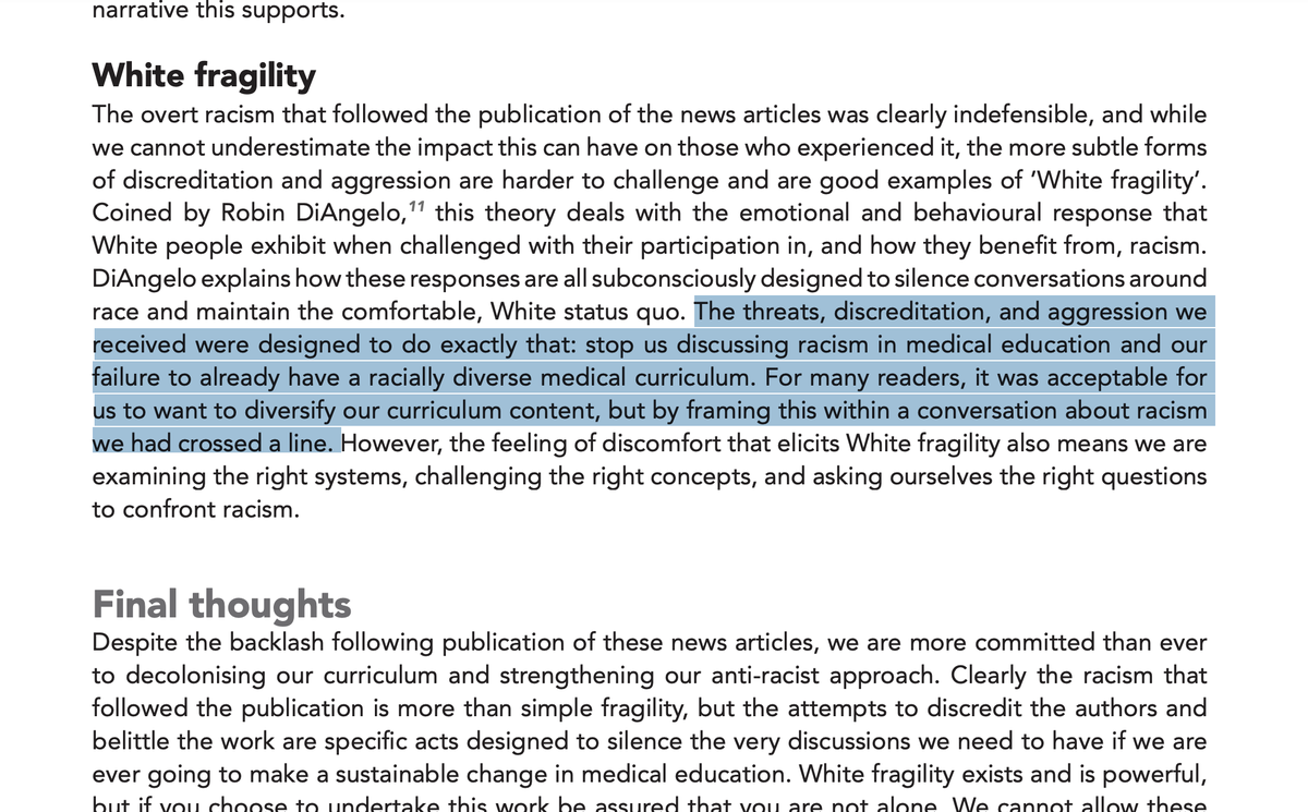 5c/ "However, the feeling of discomfort that elicits White fragility also means we are examining the right systems, challenging the right concepts, and asking ourselves the right questions to confront racism."