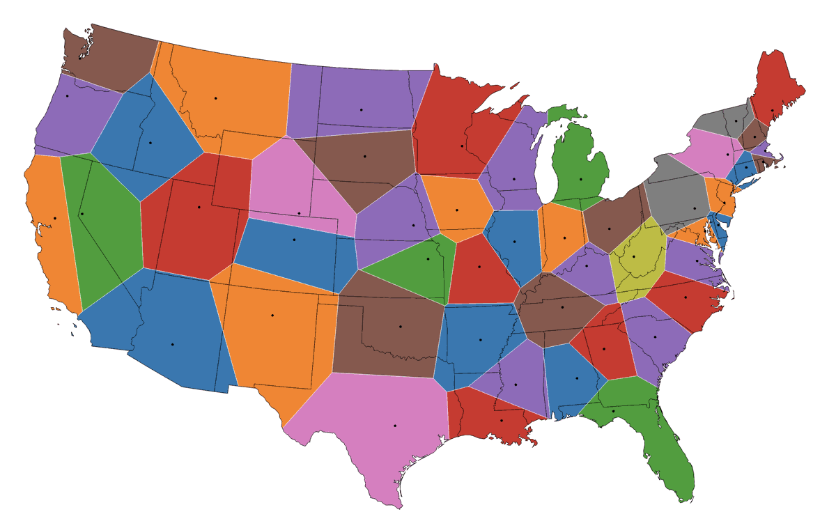 tweetsauce's tweet photo. Here's a map by Jason Davies that divides the land of the contiguous USA not by traditional state boundaries, but by which state capital is closest. https://t.co/OlkLMb2nDy https://t.co/sGpqbYFBPI