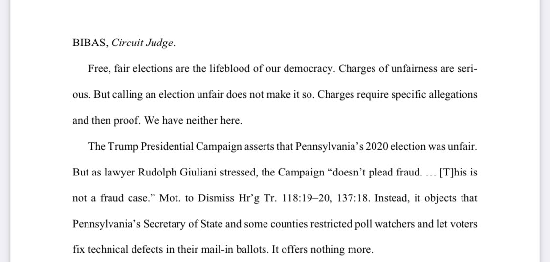 Yesterday's opinion by an all-Republican panel US Court of Appeals for the Third Circuit—an opinion written by a Trump appointee—made clear that the Trump campaign, at least in court, has disclaimed assertions of fraud. It quotes  @RudyGiuliani on that:
