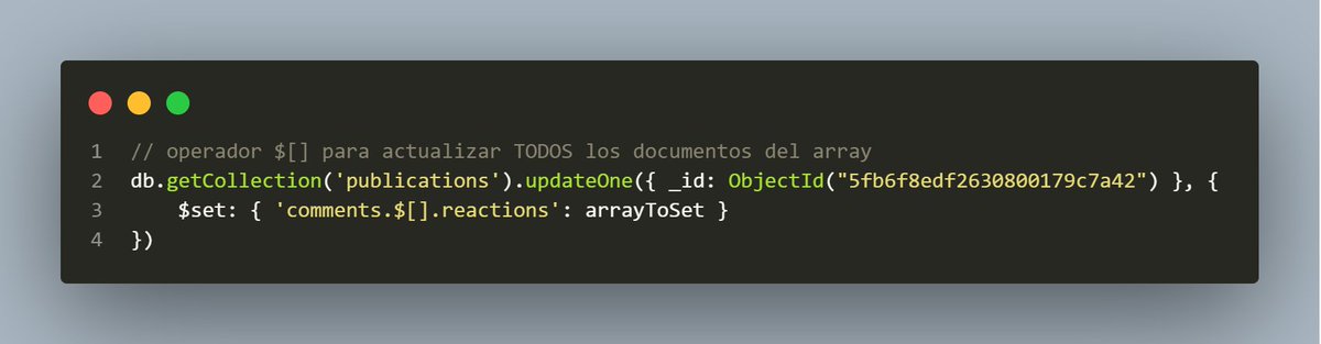 FlavioAandres's tweet image. Si están luchando para actualizar TODOS los documentos de un Array en MongoDB seguro te falta este operador: 

#MongoDBTips 
👇🏼👇🏼👇🏼
