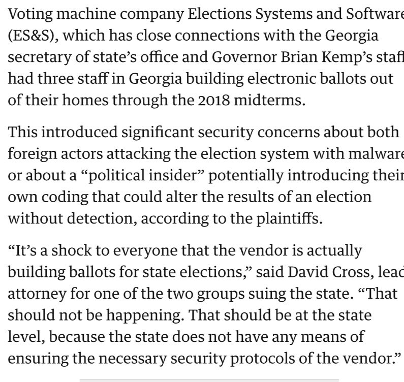 ES&S built the ballots for Georgia during the midterms bc ES&S (not Dominion) kept Diebold’s servicing and maintenance contract. 2/  https://www.theguardian.com/us-news/2019/aug/01/the-selling-of-an-election-dangerous-level-of-private-control-revealed-in-2018-georgia-midterms