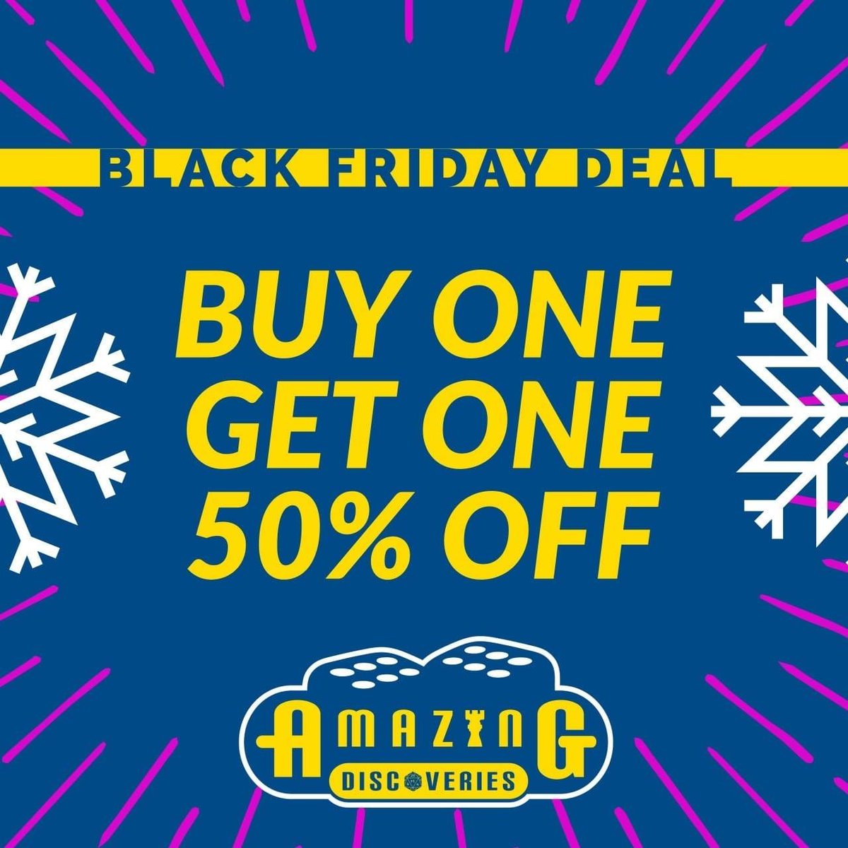 amazingmtg's tweet photo. Amazing Discoveries Black Friday Weekend Deals are here! 
Buy one item, get one item 50% Off!*
*Of equal or lesser value. Not valid on merchandise behind counter. Sale valid Friday 11/27 and Saturday 11/28, for In-Store Only. Masks are required. #amazingmtg https://t.co/Gei5hUiJ8E
