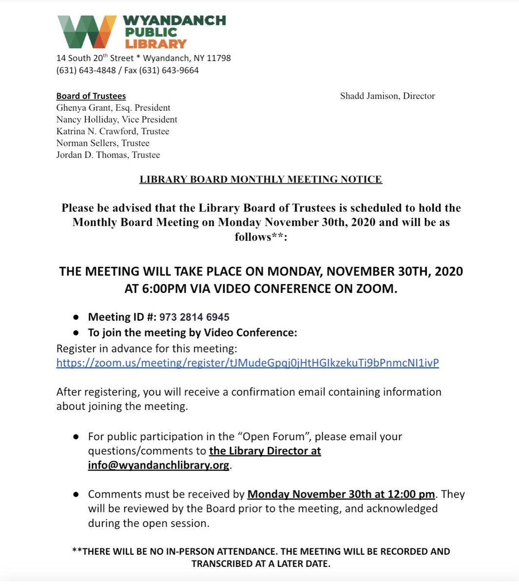 THIS Monday, November 30th, 2020 at 6pm will be the Monthly WPL Library Board Meeting via Zoom. More information on notice and Zoom link below!

Register in advance for this meeting:
zoom.us/meeting/regist…