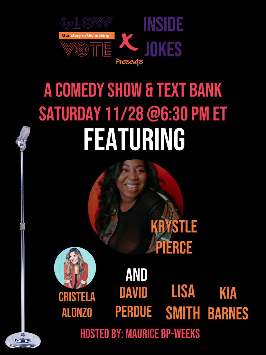 GlowVote's tweet photo. Adding the amazing @kryslaughs to tonight’s line up.
Textbanking to turn out GA voters + this incredible line up = where you should be
https://t.co/DUxJOgAnEI
#GLOWVote #InsideJokes https://t.co/xybrPcxWMq