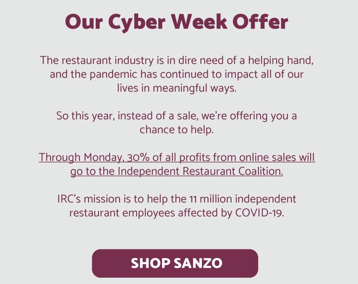  @drinksanzo, an Asian-inspired sparkling water, is not offering a discount, instead is giving 30% of their profits to the Independent Restaurant Coalition, helping independent restaurants affected by the pandemic. ”The restaurant industry is in dire need of a helping hand” 