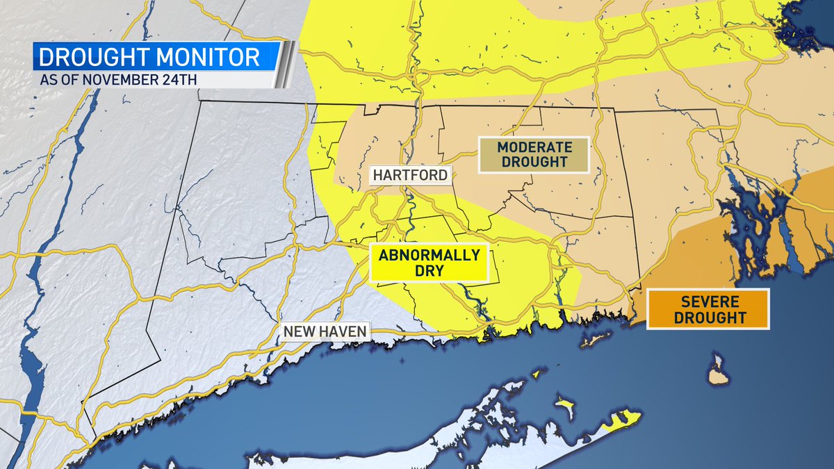 DarrenSweeney's tweet photo. DROUGHT UPDATE: As of 11/24 (last drought update) you can still see a moderate drought for parts of the state. Monday's storm will help! #NBCCT #CTDROUGHT https://t.co/ynQZtisTnu https://t.co/8YvLTQIeD1