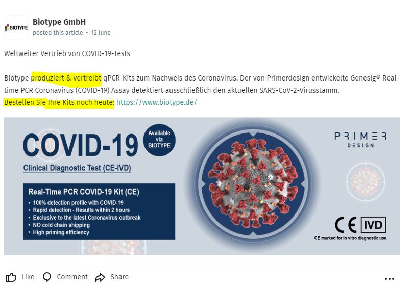 Biotype produce and also sell these tests on behalf of Novacyt via their website : WORLDWIDE See also announcement on “Xing” https://www.xing.com/pages/biotypegmbh/news