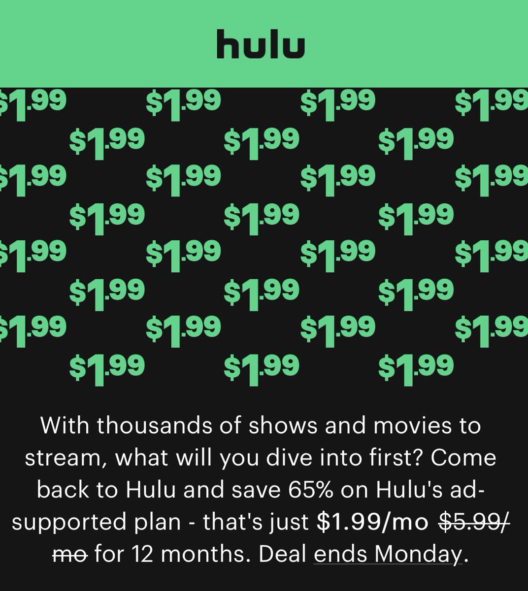 Now, the lightning round @calm is offering 50% off for a 1-year membership.  @billiebody is offering 20% off orders of $30+ using code YES20. @hulu is offering their subscription for $1,99 a month for 12 months for a limited time. This is 65% off. @BOMBAS is offering 20% off